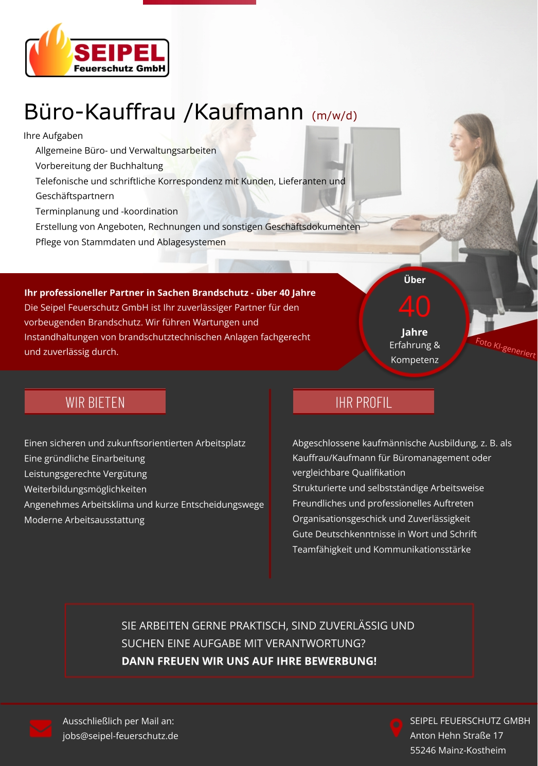 Büro-Kauffrau /Kaufmann (m/w/d) Ihre Aufgaben 	Allgemeine Büro- und Verwaltungsarbeiten 	Vorbereitung der Buchhaltung 	Telefonische und schriftliche Korrespondenz mit Kunden, Lieferanten und Geschäftspartnern 	Terminplanung und -koordination 	Erstellung von Angeboten, Rechnungen und sonstigen Geschäftsdokumenten 	Pflege von Stammdaten und Ablagesystemen  Ihr professioneller Partner in Sachen Brandschutz - über 40 Jahre Die Seipel Feuerschutz GmbH ist Ihr zuverlässiger Partner für den vorbeugenden Brandschutz. Wir führen Wartungen und Instandhaltungen von brandschutztechnischen Anlagen fachgerecht und zuverlässig durch. 	Einen sicheren und zukunftsorientierten Arbeitsplatz 	Eine gründliche Einarbeitung 	Leistungsgerechte Vergütung 	Weiterbildungsmöglichkeiten 	Angenehmes Arbeitsklima und kurze Entscheidungswege 	Moderne Arbeitsausstattung  	Abgeschlossene kaufmännische Ausbildung, z. B. als Kauffrau/Kaufmann für Büromanagement oder vergleichbare Qualifikation 	Strukturierte und selbstständige Arbeitsweise 	Freundliches und professionelles Auftreten 	Organisationsgeschick und Zuverlässigkeit 	Gute Deutschkenntnisse in Wort und Schrift 	Teamfähigkeit und Kommunikationsstärke SIE arbeiteN gerne praktisch, SIND zuverlässig undsuchEN eine Aufgabe mit Verantwortung? Dann freuen wir uns auf IHRE Bewerbung! Ausschließlich per Mail an: jobs@seipel-feuerschutz.de SEIPEL FEUERSCHUTZ GMBH Anton Hehn Straße 17 55246 Mainz-Kostheim Über  40Jahre Erfahrung & Kompetenz   Wir bieten IHR PROFIL Foto KI-generiert