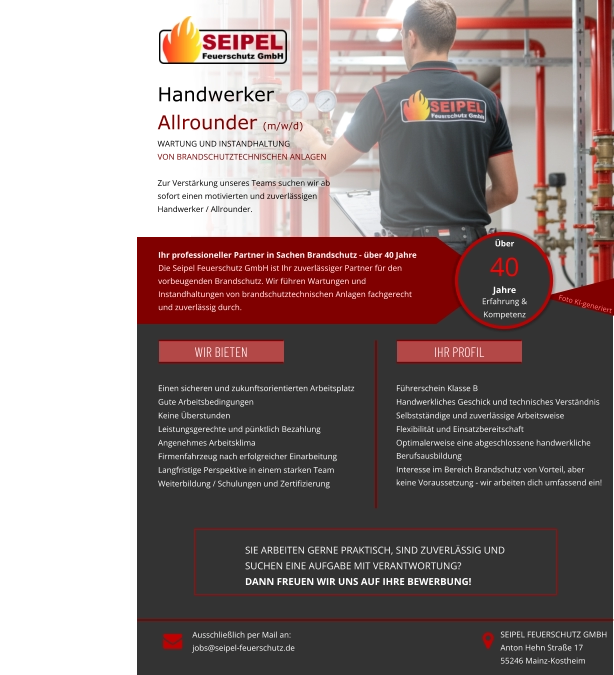 HandwerkerAllrounder (m/w/d) Wartung und Instandhaltungvon Brandschutztechnischen Anlagen  Zur Verstärkung unseres Teams suchen wir ab sofort einen motivierten und zuverlässigen Handwerker / Allrounder.  Ihr professioneller Partner in Sachen Brandschutz - über 40 Jahre Die Seipel Feuerschutz GmbH ist Ihr zuverlässiger Partner für den vorbeugenden Brandschutz. Wir führen Wartungen und Instandhaltungen von brandschutztechnischen Anlagen fachgerecht und zuverlässig durch. 	Einen sicheren und zukunftsorientierten Arbeitsplatz 	Gute Arbeitsbedingungen 	Keine Überstunden 	Leistungsgerechte und pünktlich Bezahlung 	Angenehmes Arbeitsklima 	Firmenfahrzeug nach erfolgreicher Einarbeitung 	Langfristige Perspektive in einem starken Team 	Weiterbildung / Schulungen und Zertifizierung  	Führerschein Klasse B 	Handwerkliches Geschick und technisches Verständnis 	Selbstständige und zuverlässige Arbeitsweise 	Flexibilität und Einsatzbereitschaft 	Optimalerweise eine abgeschlossene handwerkliche Berufsausbildung 	Interesse im Bereich Brandschutz von Vorteil, aber keine Voraussetzung - wir arbeiten dich umfassend ein! SIE arbeiteN gerne praktisch, SIND zuverlässig undsuchEN eine Aufgabe mit Verantwortung? Dann freuen wir uns auf IHRE Bewerbung! Ausschließlich per Mail an: jobs@seipel-feuerschutz.de SEIPEL FEUERSCHUTZ GMBH Anton Hehn Straße 17 55246 Mainz-Kostheim Über  40Jahre Erfahrung & Kompetenz   Wir bieten IHR PROFIL Foto KI-generiert