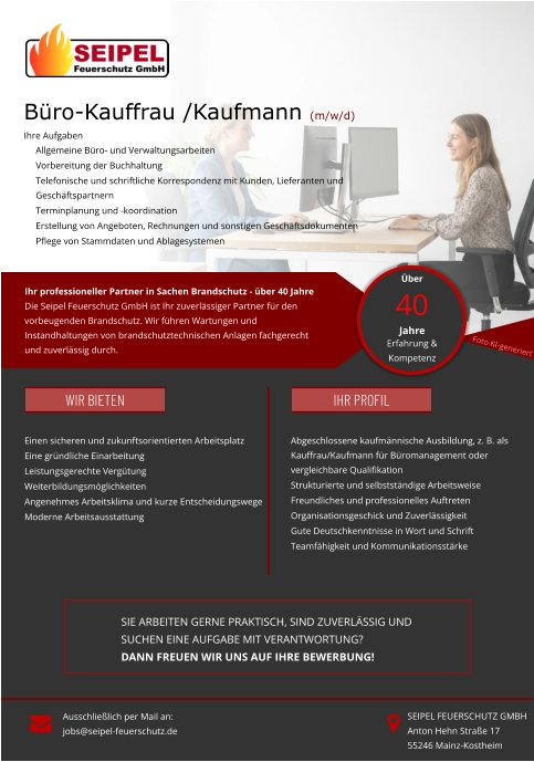 Büro-Kauffrau /Kaufmann (m/w/d) Ihre Aufgaben 	Allgemeine Büro- und Verwaltungsarbeiten 	Vorbereitung der Buchhaltung 	Telefonische und schriftliche Korrespondenz mit Kunden, Lieferanten und Geschäftspartnern 	Terminplanung und -koordination 	Erstellung von Angeboten, Rechnungen und sonstigen Geschäftsdokumenten 	Pflege von Stammdaten und Ablagesystemen  Ihr professioneller Partner in Sachen Brandschutz - über 40 Jahre Die Seipel Feuerschutz GmbH ist Ihr zuverlässiger Partner für den vorbeugenden Brandschutz. Wir führen Wartungen und Instandhaltungen von brandschutztechnischen Anlagen fachgerecht und zuverlässig durch. 	Einen sicheren und zukunftsorientierten Arbeitsplatz 	Eine gründliche Einarbeitung 	Leistungsgerechte Vergütung 	Weiterbildungsmöglichkeiten 	Angenehmes Arbeitsklima und kurze Entscheidungswege 	Moderne Arbeitsausstattung  	Abgeschlossene kaufmännische Ausbildung, z. B. als Kauffrau/Kaufmann für Büromanagement oder vergleichbare Qualifikation 	Strukturierte und selbstständige Arbeitsweise 	Freundliches und professionelles Auftreten 	Organisationsgeschick und Zuverlässigkeit 	Gute Deutschkenntnisse in Wort und Schrift 	Teamfähigkeit und Kommunikationsstärke SIE arbeiteN gerne praktisch, SIND zuverlässig undsuchEN eine Aufgabe mit Verantwortung? Dann freuen wir uns auf IHRE Bewerbung! Ausschließlich per Mail an: jobs@seipel-feuerschutz.de SEIPEL FEUERSCHUTZ GMBH Anton Hehn Straße 17 55246 Mainz-Kostheim Über  40Jahre Erfahrung & Kompetenz   Wir bieten IHR PROFIL Foto KI-generiert